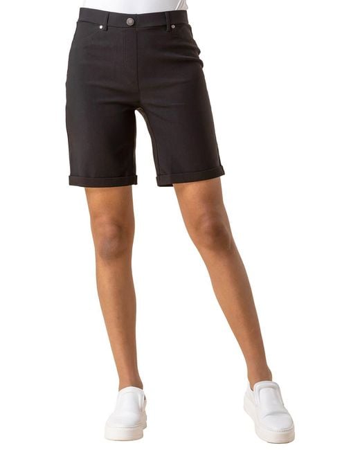 Roman Black Elastic Waist Turn Up Stretch Shorts