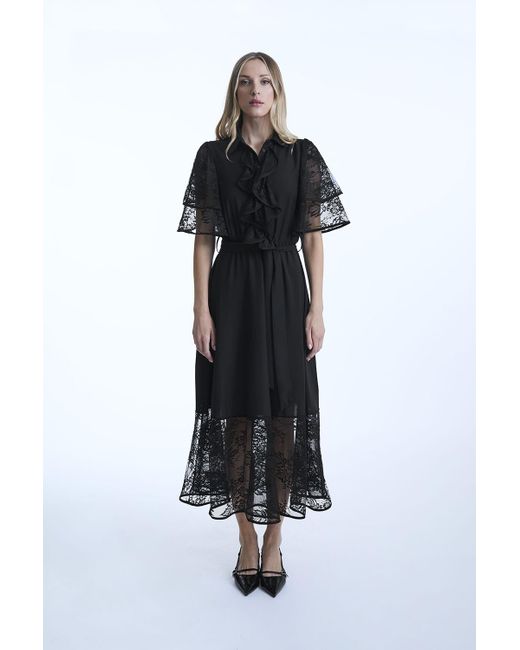 James Lakeland Black Front Lace Ruffle Midi Dress