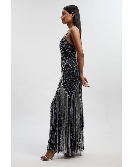 Karen Millen Black Crystal Embellished Woven Maxi Dress With Removeable Cape