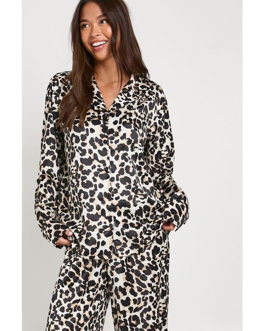 Boohoo Black Oversized Print Satin Long Sleeve Shirt & Trousers Pyjama Set