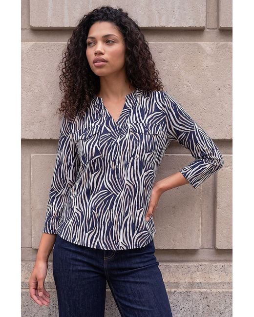 Roman Blue Petite Animal Print Button Top