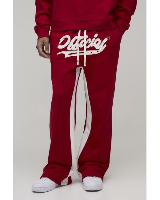 BoohooMAN Red Relaxed Flare Official Applique Gusset Joggers for men