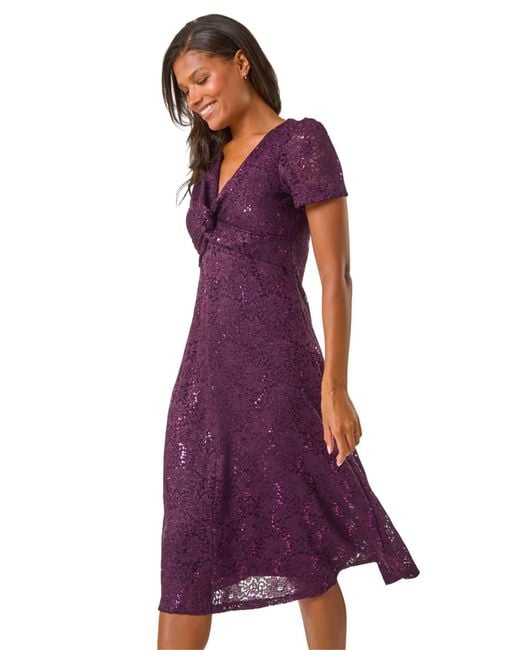 Roman Purple Sequin Lace Twist Front Midi Dress