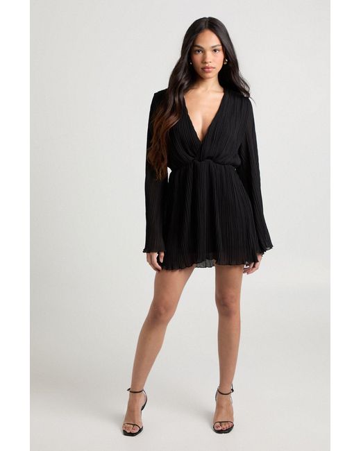 Boohoo Black Plisse Ruffle Hem Plunge Front Skater Dress