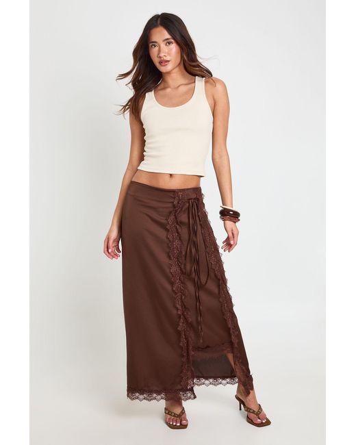 Boohoo Brown Satin Lace Trim Wrap Midaxi Skirt
