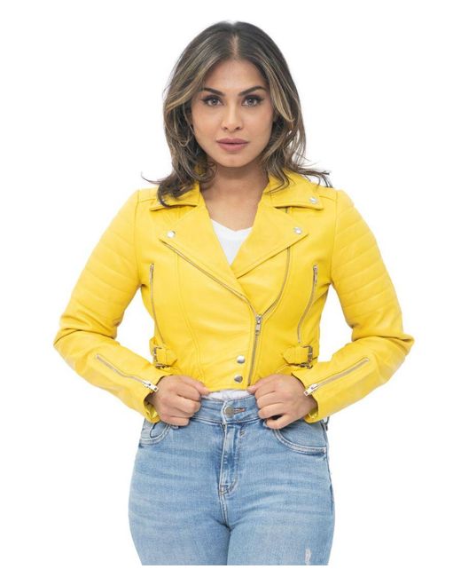 Infinity Leather Yellow Cropped Brando Biker Jacket-Damascus