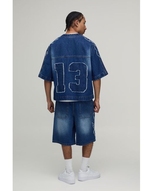 BoohooMAN Blue Parachute Applique Denim Jorts for men
