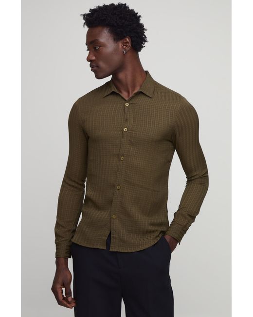 BoohooMAN Brown Sheer Textured Pleat Muscle Fit Shirt for men