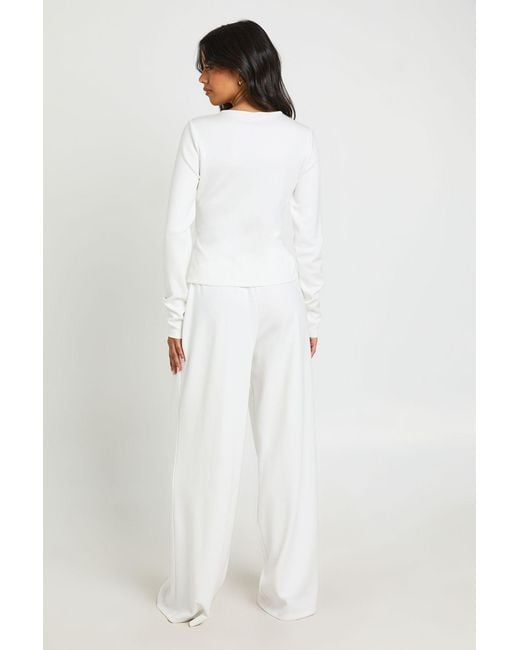 Boohoo White Soft Touch Button Through Long Sleeve Top And Straight Leg Jogger Set