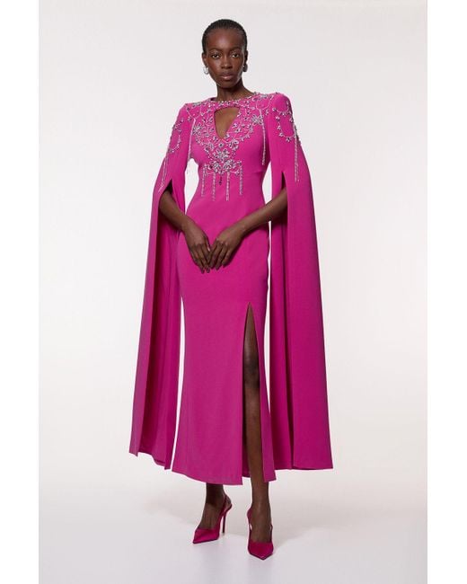 Karen Millen Pink Crystal Embellished Cady Woven Cape Maxi Dress