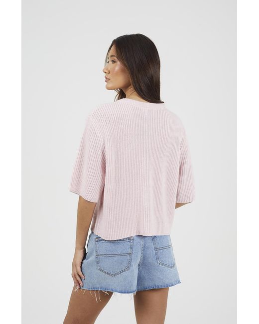 Brave Soul Pink Short Sleeve Crew Neck Fisherman Knit Cardigan
