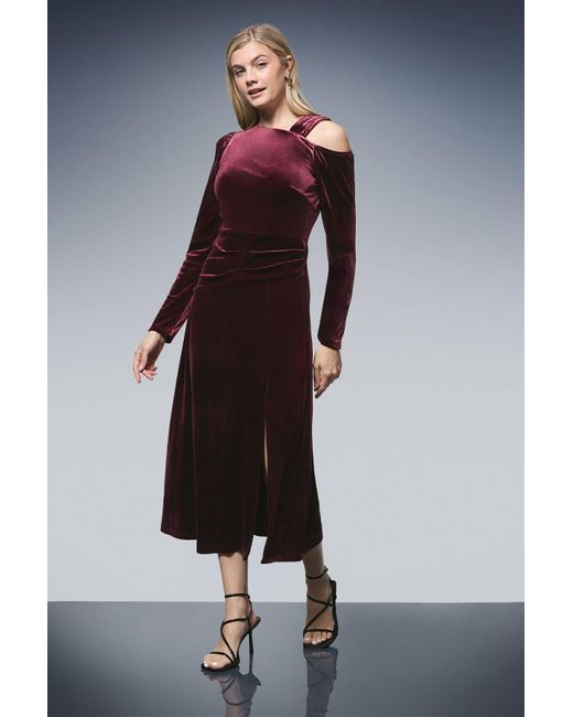 PRINCIPLES Blue Asymmetric Neck Velvet Midi Dress