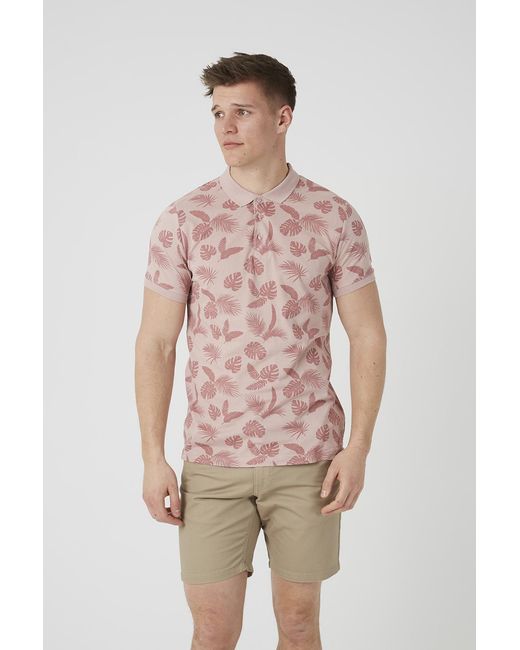 Brave Soul Pink Leaf Print Cotton Polo Shirt for men