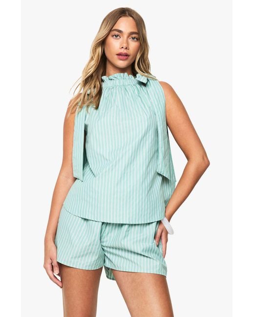 Boohoo Blue Stripe Tie Neck Smock Top