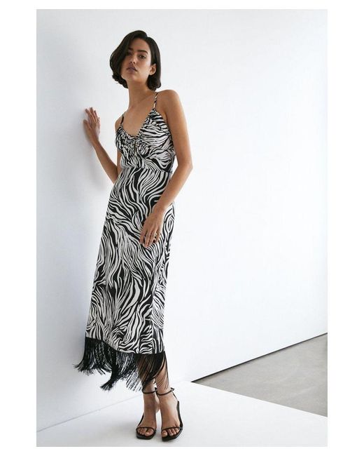 Warehouse White Zebra Print Strappy Fringing Midi Dress