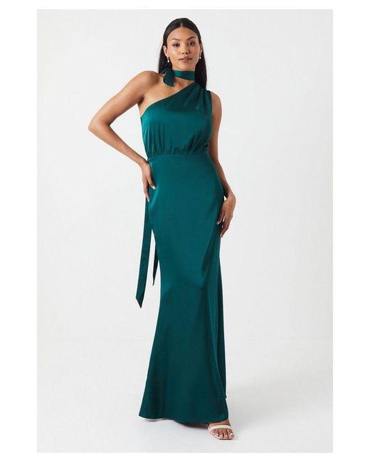 Coast Blue One Shoulder Tie Neck Satin Bridesmaids Dress