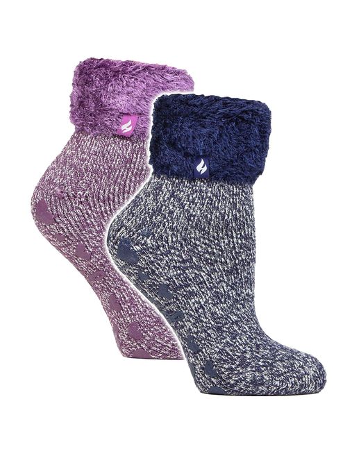 Heat Holders Purple 2 Pack Ladies Soft Lounge Socks With Grips