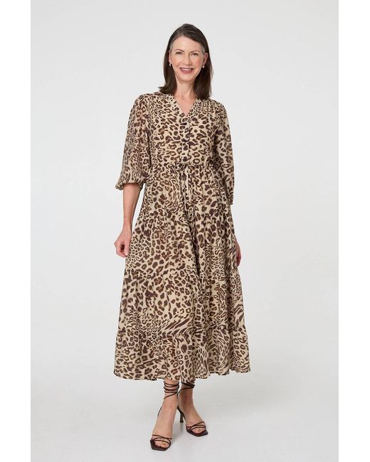 Izabel London Natural Animal Print 3/4 Puff Sleeve Midi Dress