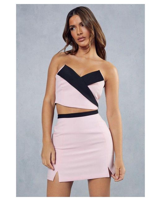 MissPap Pink Contrast Waistband Split Mini Skirt