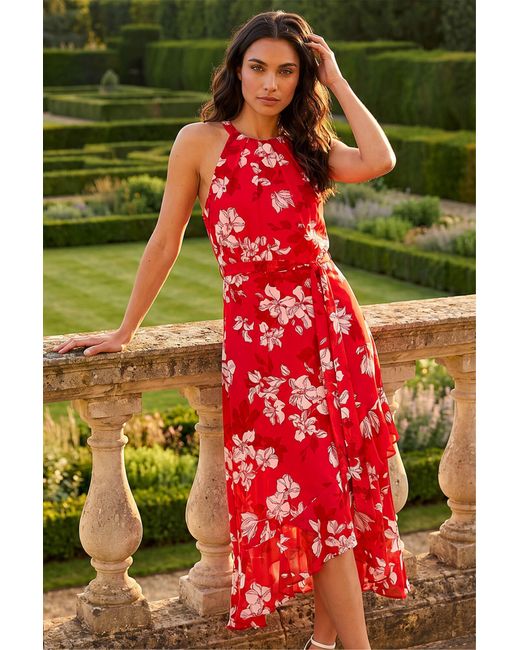 Roman Green Floral Print Frill Wrap Midi Dress