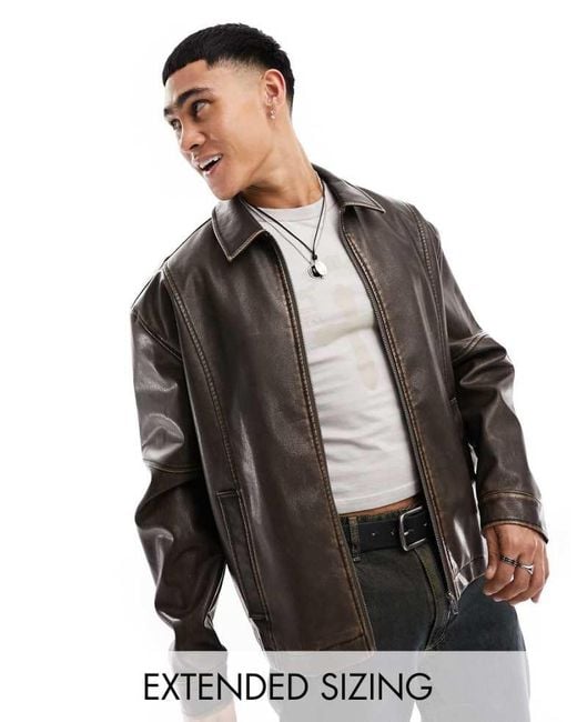 ASOS Black Oversized Faux Leather Harrington Jacket for men