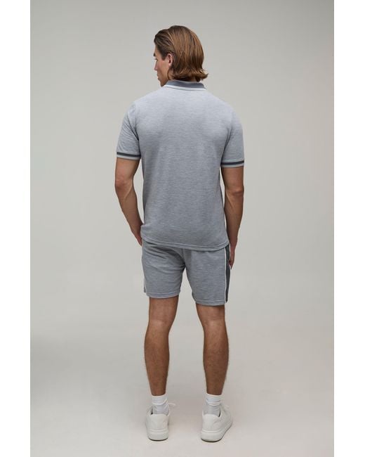BoohooMAN Gray Slim Fit Pique Interlock Stripe Polo And Shorts Set for men