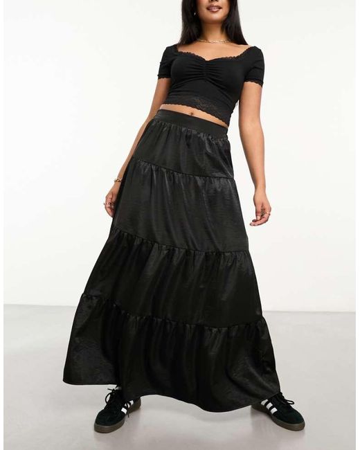 Miss Selfridge Black Textured Satin Tiered Maxi Skirt