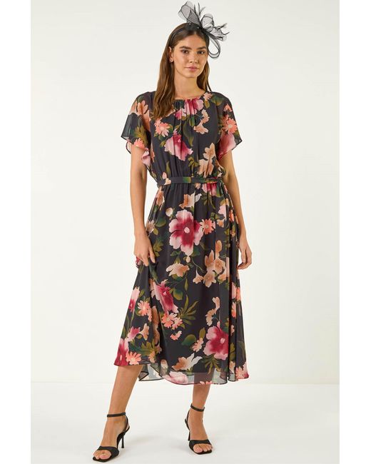 Roman Black Floral Split Sleeve Midi Dress
