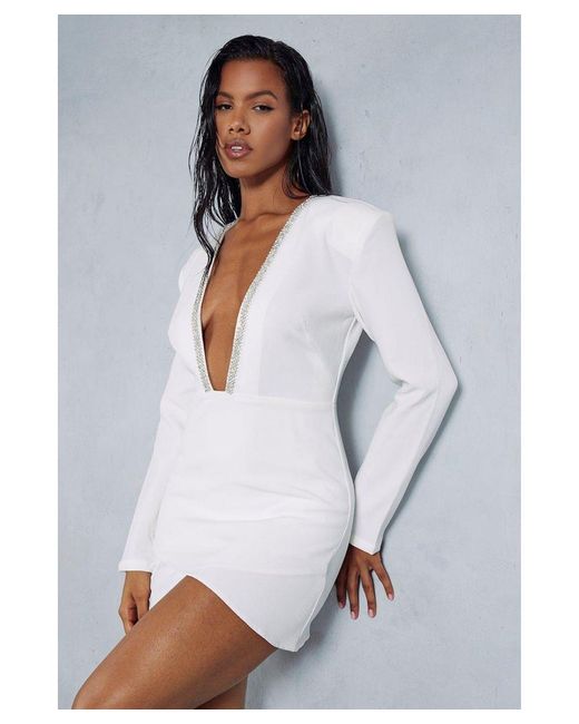 MissPap White Diamante Trim Plunge Ruched Skirt Long Sleeve Mini Dress