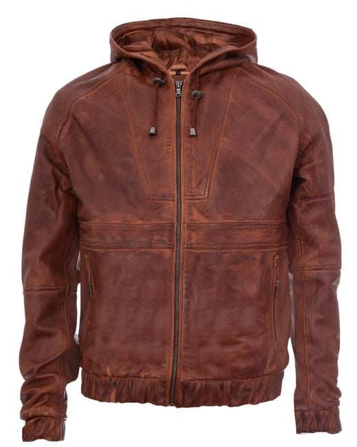 Infinity Leather Red Zipped Hooded Bomber Biker Jacket for men