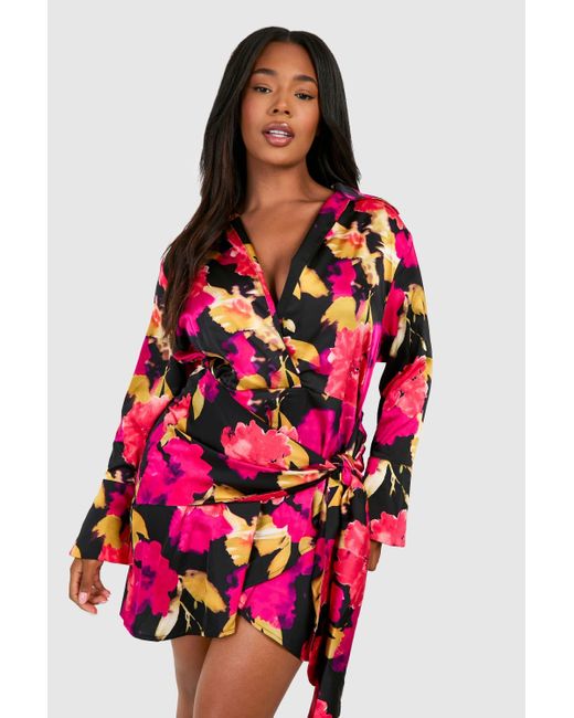 Boohoo Red Plus Tie Front Printed Satin Shirt Dress
