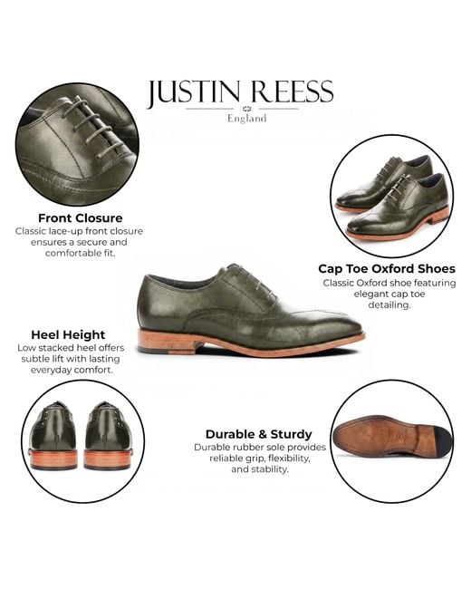 Justin Reess Green Leather Cross-Stitch Toe Cap Oxford Shoes for men