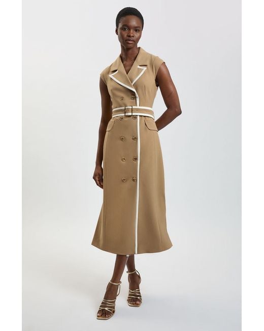 Karen Millen Natural Double Breasted Belted Tipped Tailored Midi Dress