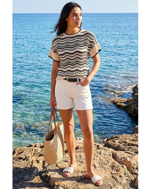 Roman Gray Stripe Wave Frill Knit Top