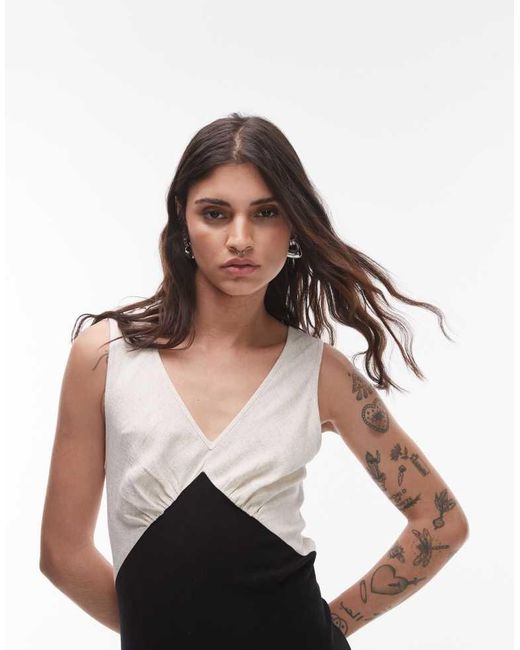 TOPSHOP White Deep V Contrast Linen Midi Dress