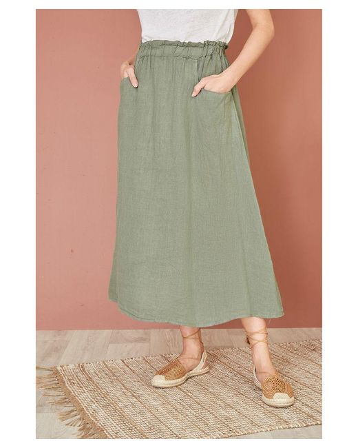 Yumi' Green Italian Linen Midi Skirt With Pockets