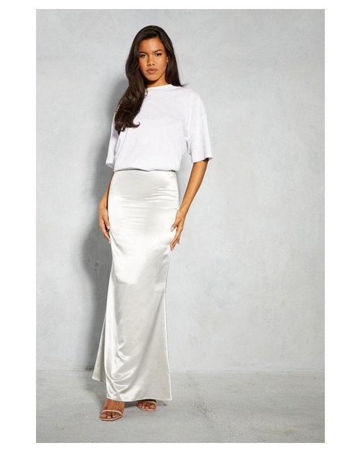 MissPap Gray Metallic Satin High Waisted Fishtail Maxi Skirt