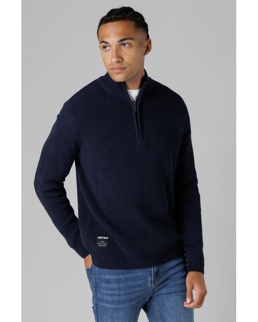 Firetrap Blue Dark Cotton Rich Half Zip Funnel Neck Jumper for men