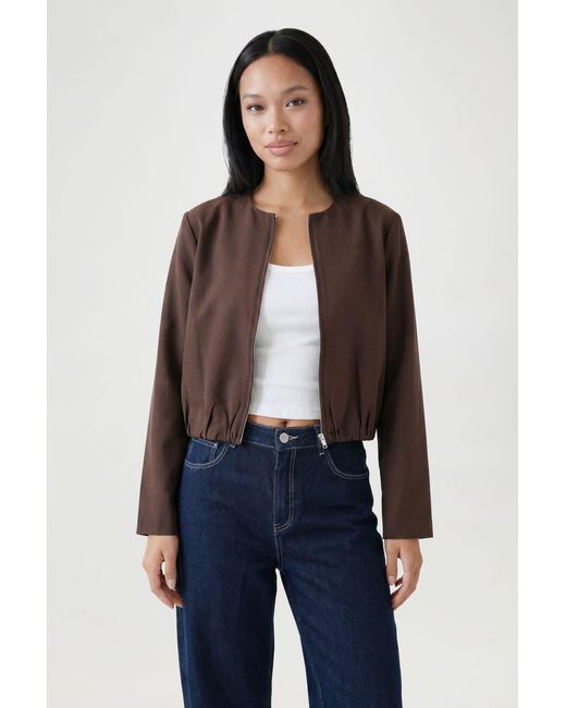 Boohoo Blue Longline Crop Zip Front Bomber Jacket