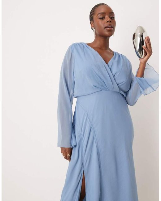 ASOS Blue Design Wrap Front Midi Dress With Seaming Details