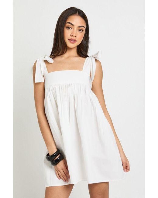 Boohoo White Tie Shoulder Mini Smock Dress