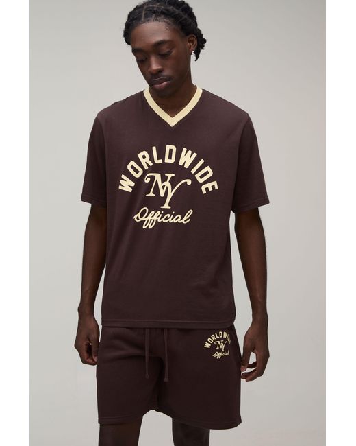 BoohooMAN Brown Regular Fit Worldwide Printed T-Shirt & Short Set for men
