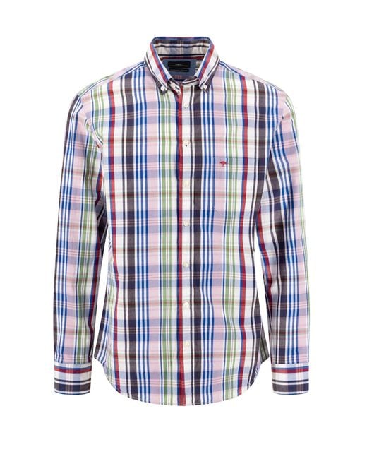 Fynch-Hatton Blue Long Sleeved Shirt Cranberry Check Cotton for men