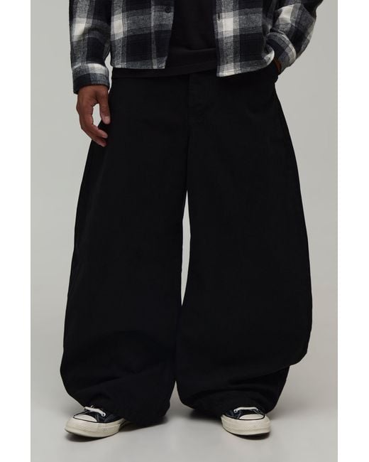 BoohooMAN Black Barrell Leg Half & Waistband Washed Twill Trousers for men