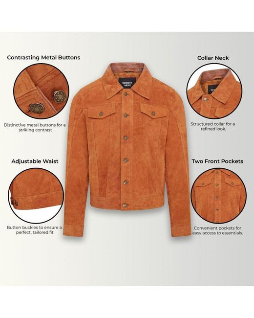 Infinity Leather Orange Trucker Goat Suede Western Jeans Jacket for men