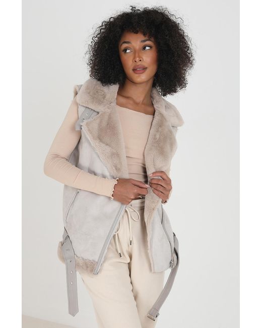 Brave Soul Natural Light Faux Suede Aviator Gilet With Fur Lining