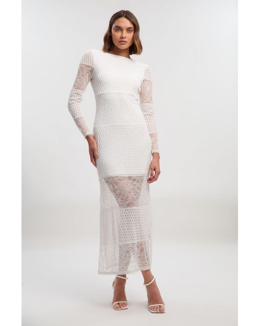 Karen Millen White Lace Textured Low Back Long Sleeve Midi Dress