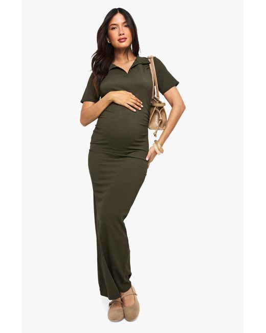 Boohoo Green Maternity Textured Button Detail Maxi Dress