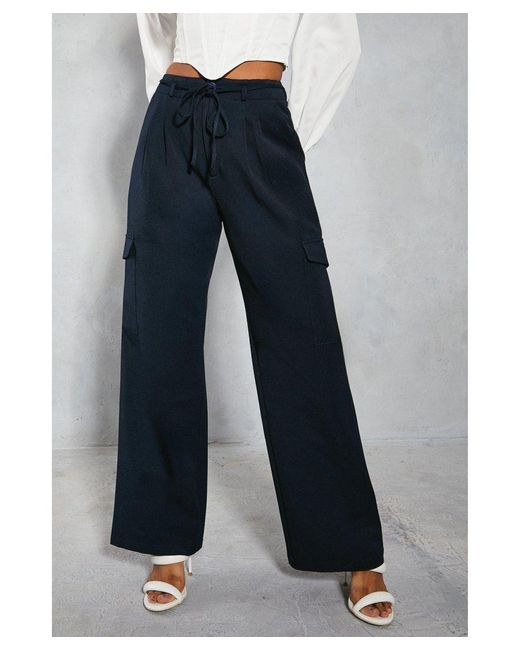 MissPap Blue Tie Waist Pocket Relaxed Cargo Trousers