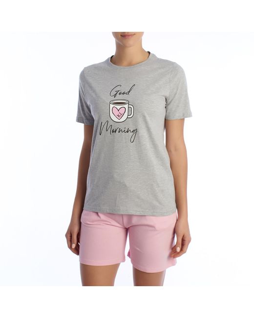 Kisses&Love Gray Summer Pajamas 100% Cotton Kl40000 Short-Sleeved T-Shirt And Shorts, Spring-Summer